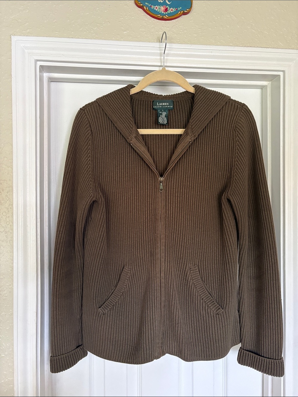 Lauren Ralph Lauren Olive Ribbed Zip-Up Hoodie Sweater